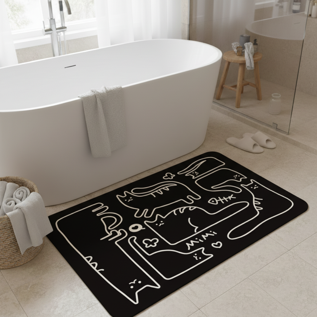 Rubber bathroom anti-slip floor mat, water-absorbing and quick-drying floor mat, black and white cat printed floor mat
