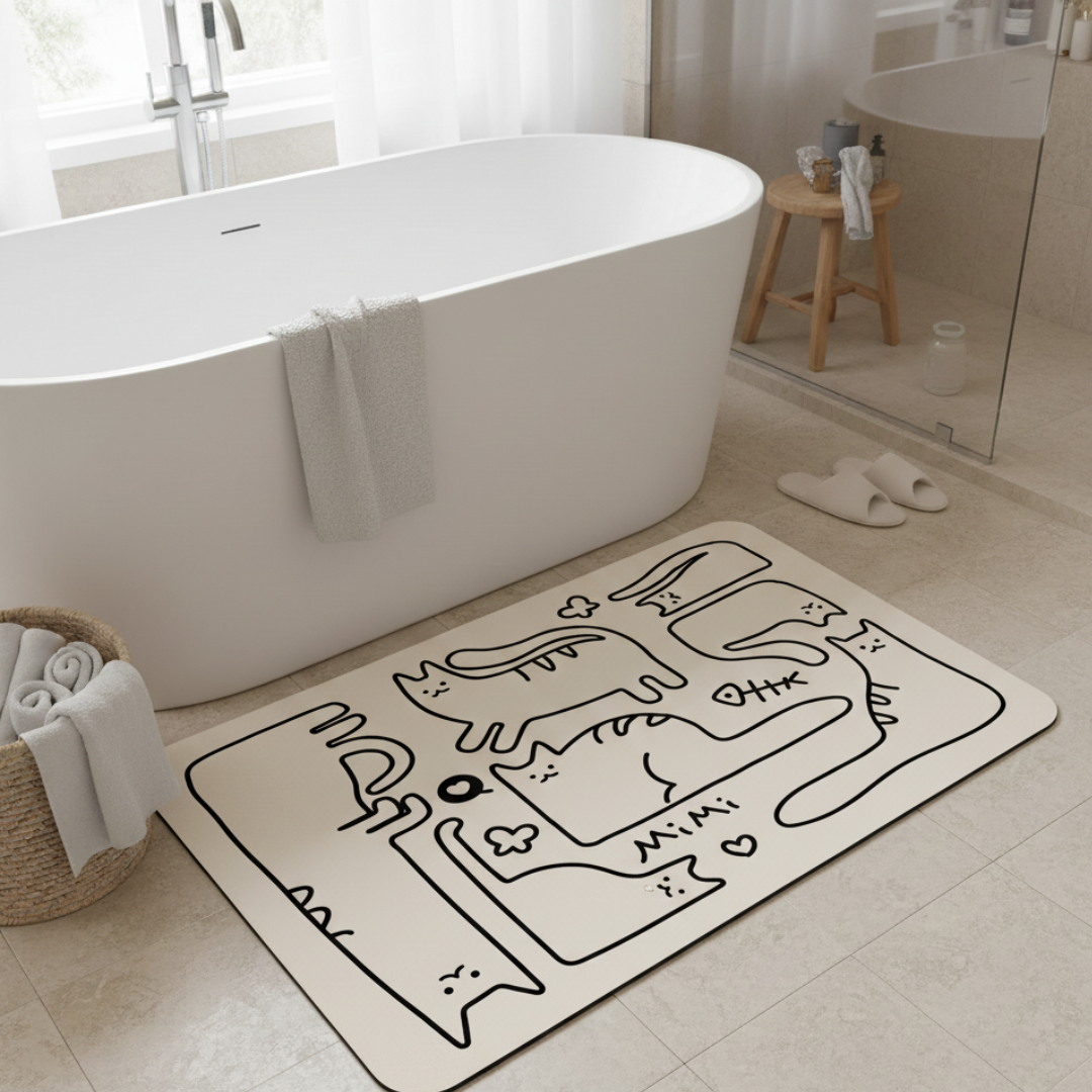 Rubber bathroom anti-slip floor mat, water-absorbing and quick-drying floor mat, black and white cat printed floor mat