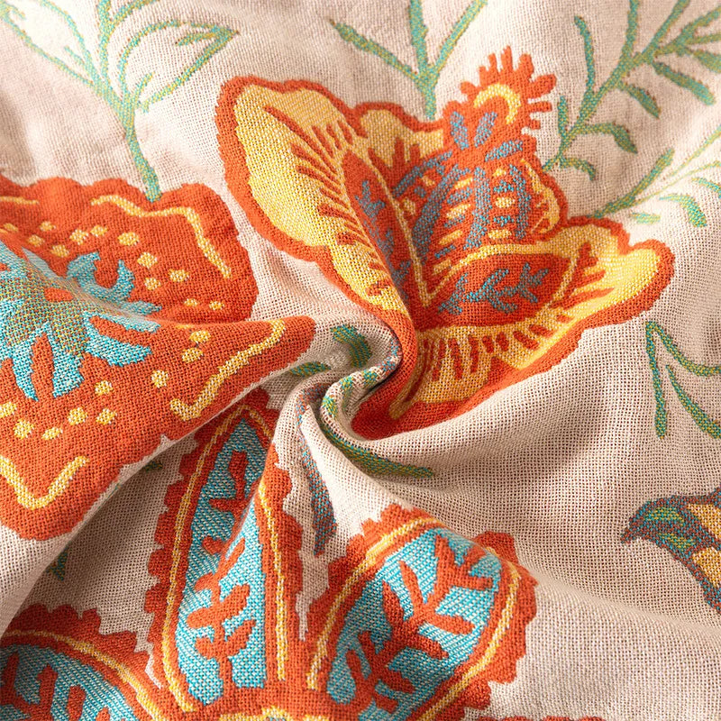 Detailed view of twisted weave and bold floral print on soft natural cotton fabric