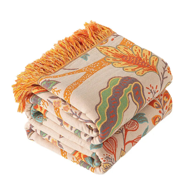 Rustic floral boho bed sheet set with orange and turquoise flowers on beige cotton