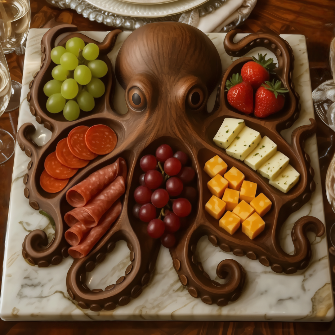 Handcrafted wooden octopus serving platter on marble displaying appetizers and wine glass setting