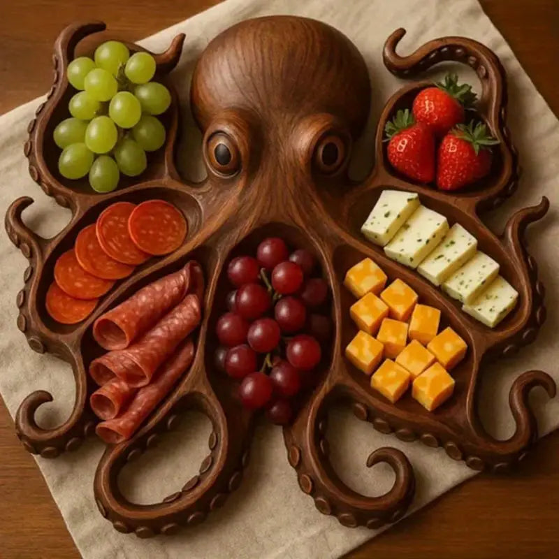 Rustic dark brown octopus charcuterie board with multi-slot tentacles holding grapes, meats and cheese