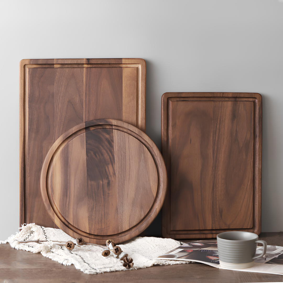 Rustic walnut cutting board set with juice groove and raised edges