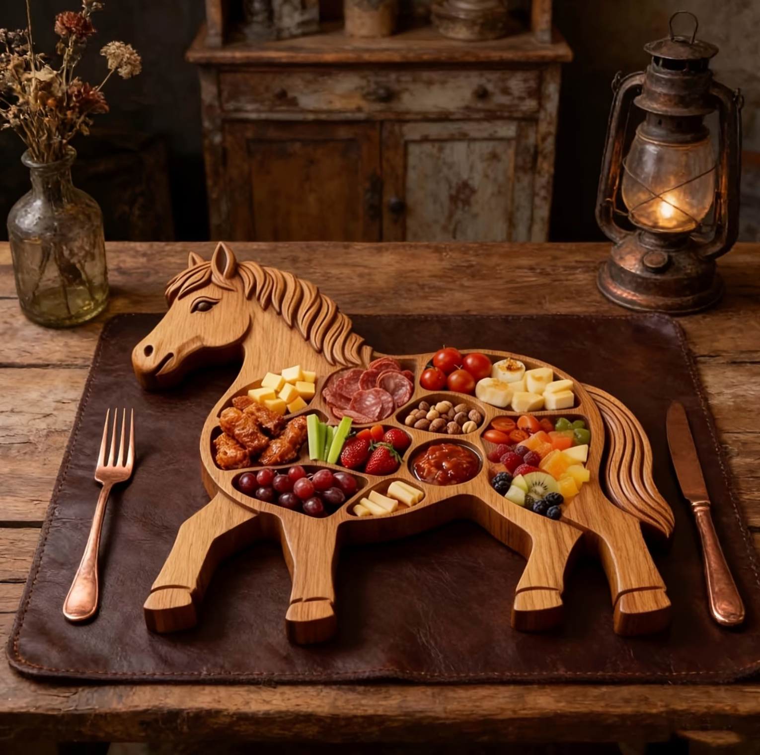 Rustic Horse-Shaped Charcuterie Board – Handcrafted Wooden Serving Platter with Multiple Compartments 1