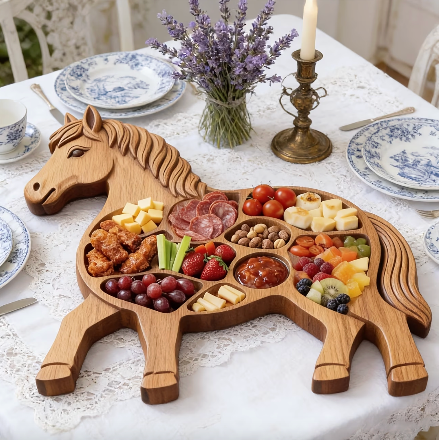 Rustic Horse-Shaped Charcuterie Board – Handcrafted Wooden Serving Platter with Multiple Compartments 2