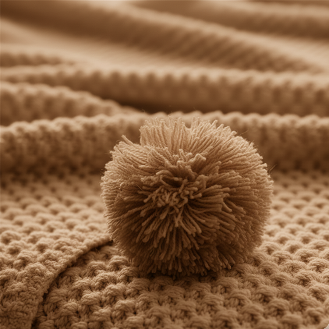Scandinavian Textured Knitted Blanket - Decorative Pom-Pom Trim - Dense Nordic Seed Knit Accent Throw