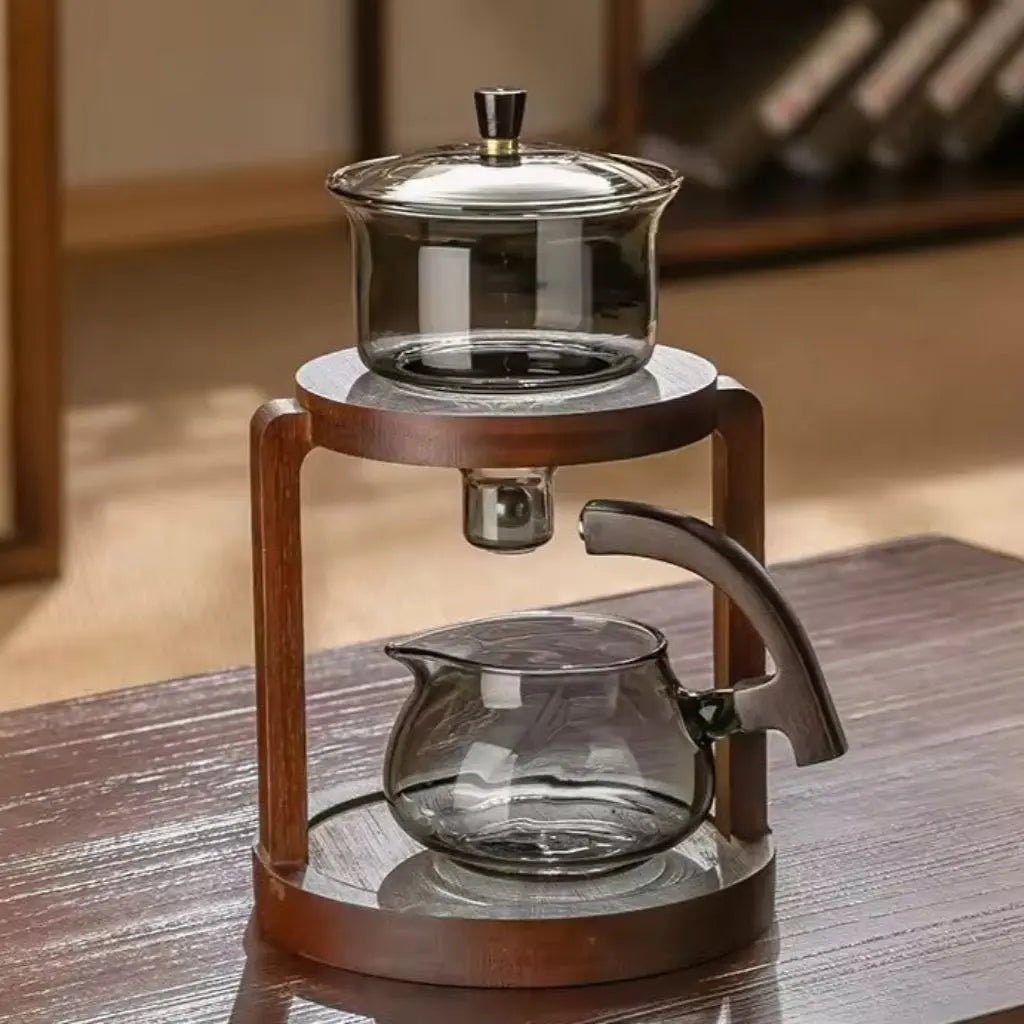 Close-up of double-layer glass teapot with magnetic water diversion mechanism