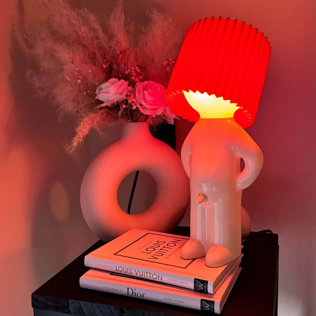 Red pleated lampshade variant of Shy Boy ceramic table lamp