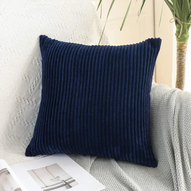 Navy blue corduroy cushion cover with vertical corn stick ribs for modern living room