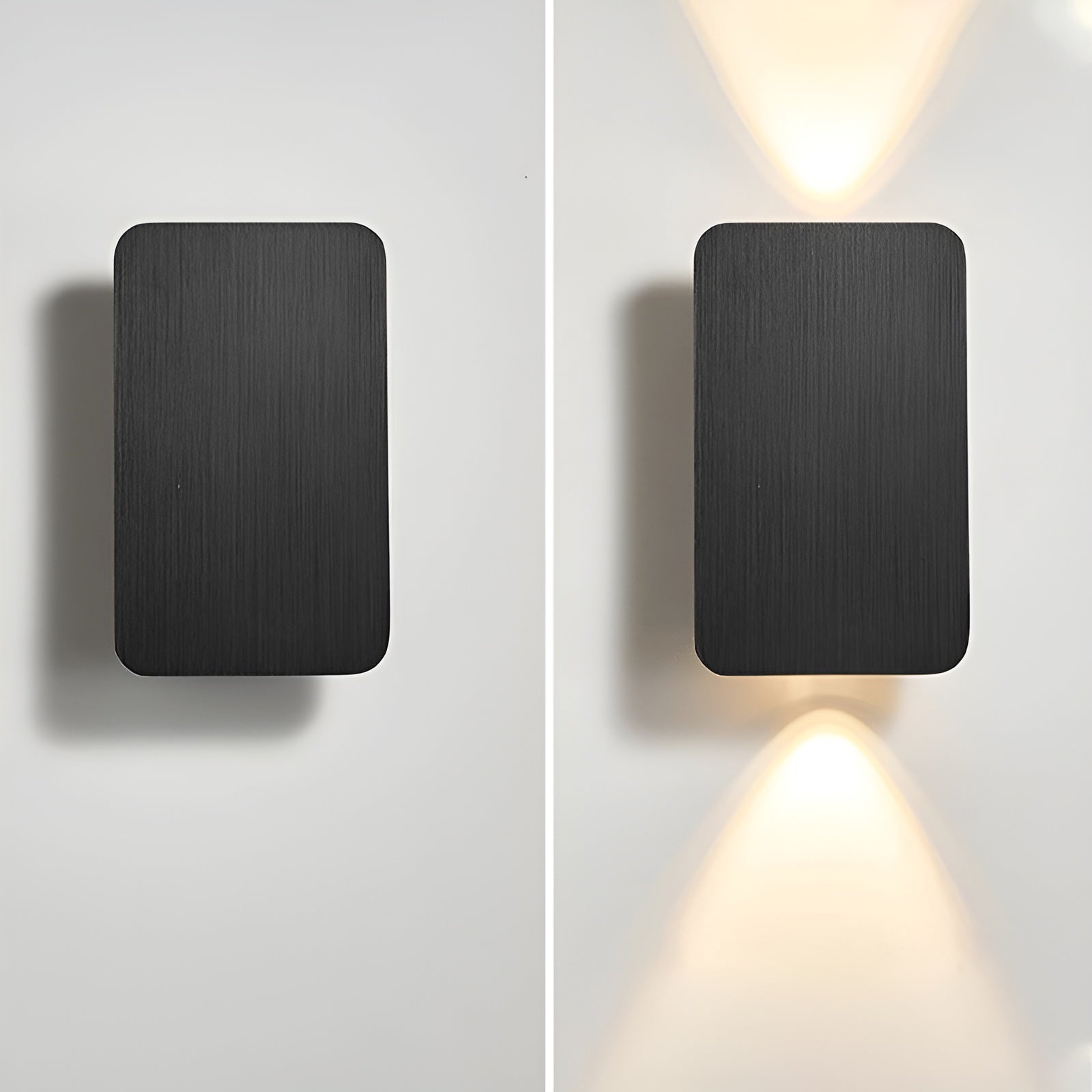 Black rectangular wall sconce showing matte texture unlit and lit with downward beam