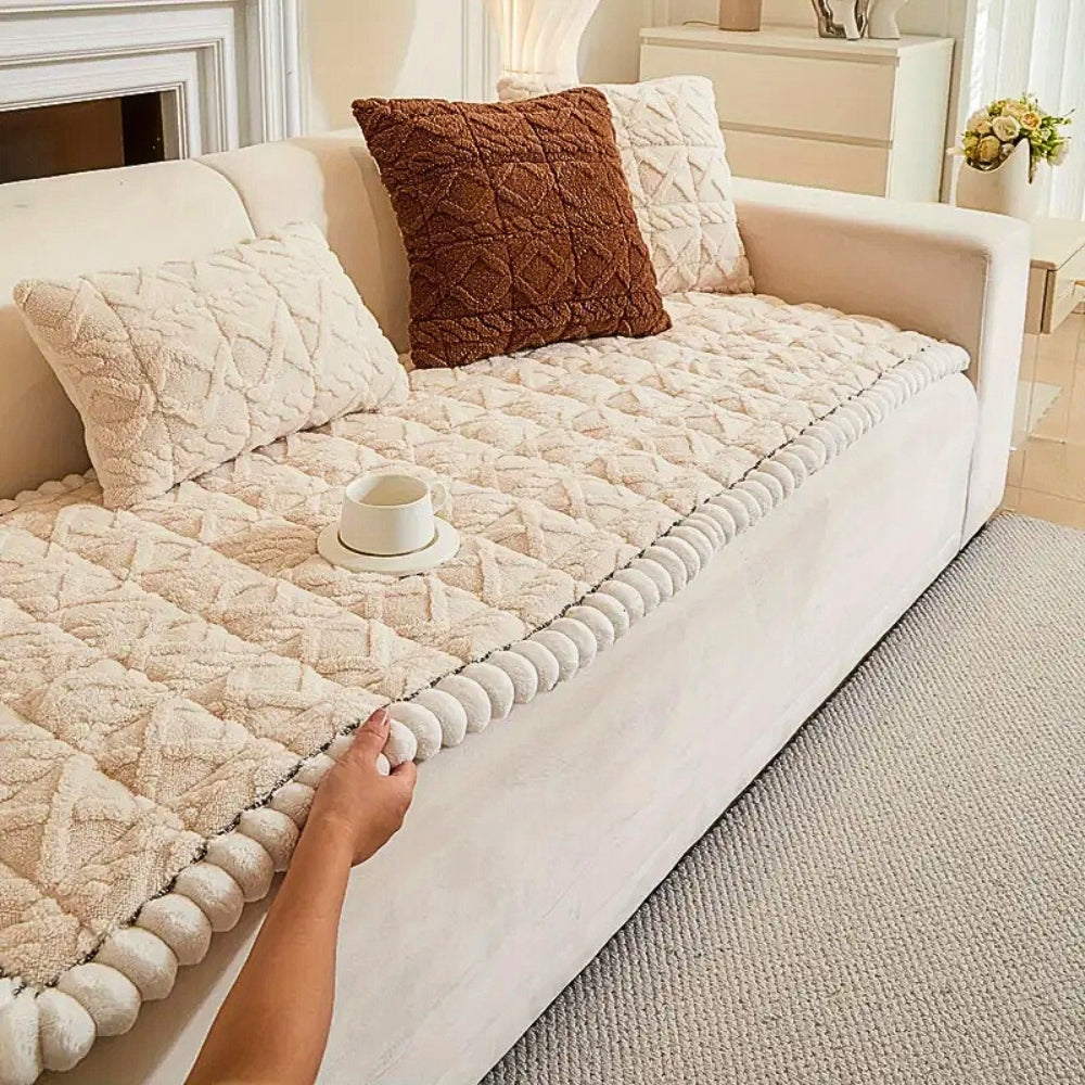 Snuggle Sherpa Plush Sofa Cover – Non-Slip Diamond Quilt Microfiber
