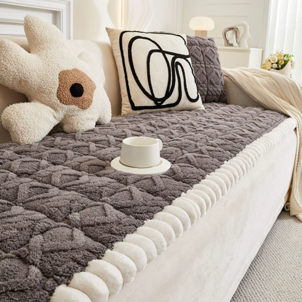 Snuggle Sherpa Plush Sofa Cover – Non-Slip Diamond Quilt Microfiber