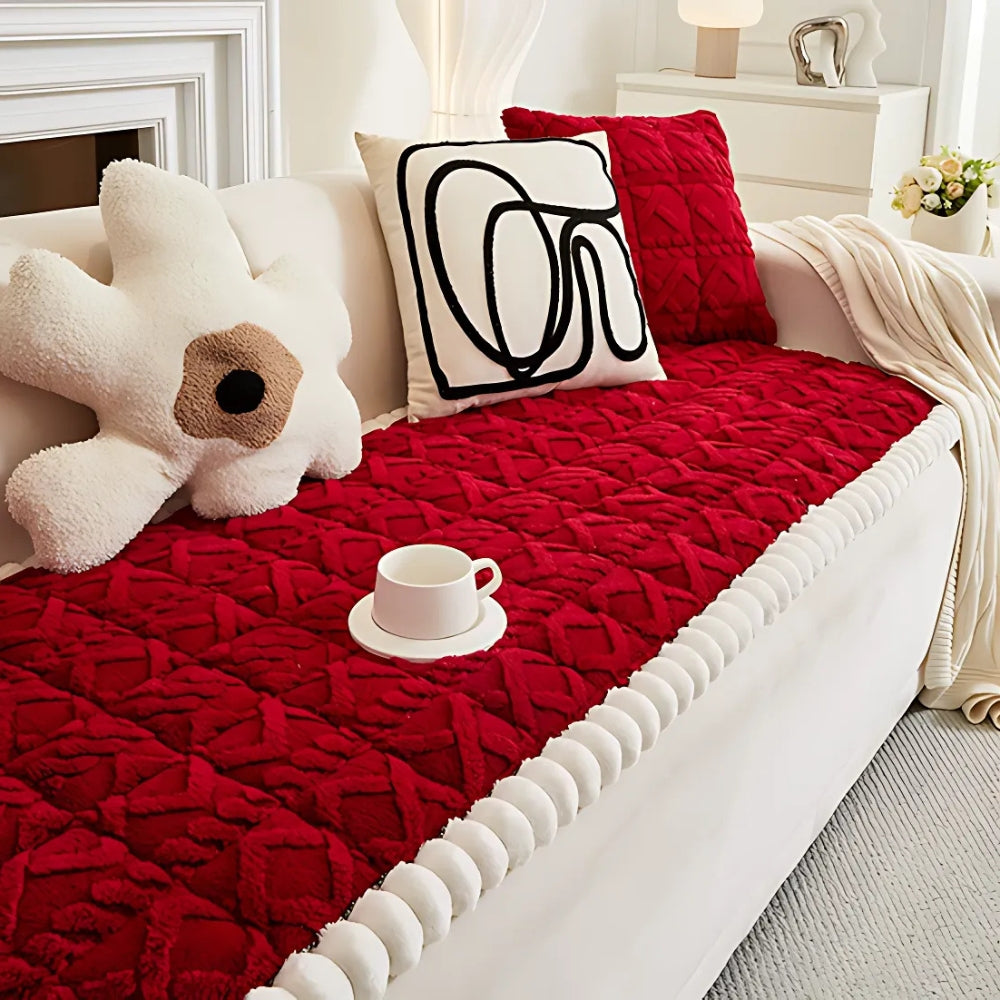 Snuggle Sherpa Plush Sofa Cover – Non-Slip Diamond Quilt Microfiber