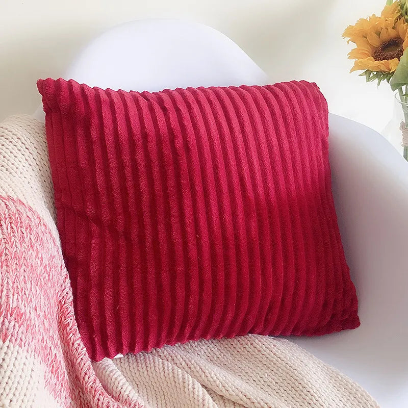Deep red ribbed corduroy flannel square cushion cover with plush texture