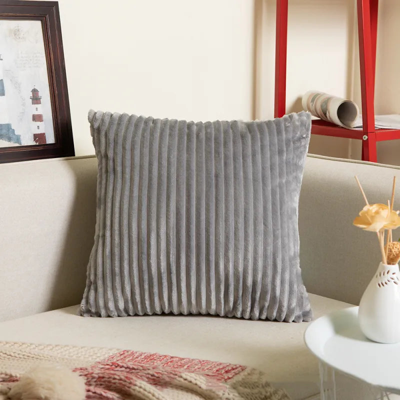 Gray ribbed flannel square pillowcase with plush corduroy-style ridges