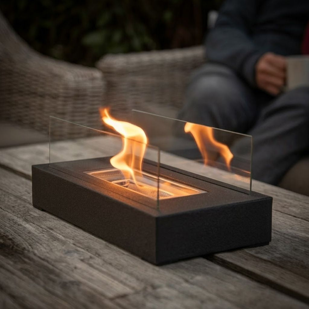 Rectangular ethanol burner on weathered wood table for outdoor patio evenings