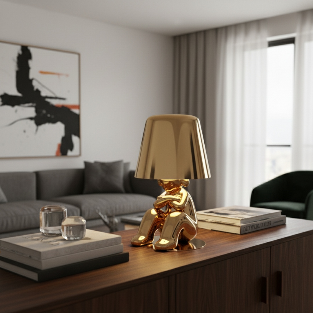 Thinker Brothers Cordless LED Lamp – Sculptural Gold & Chrome Character Art Light