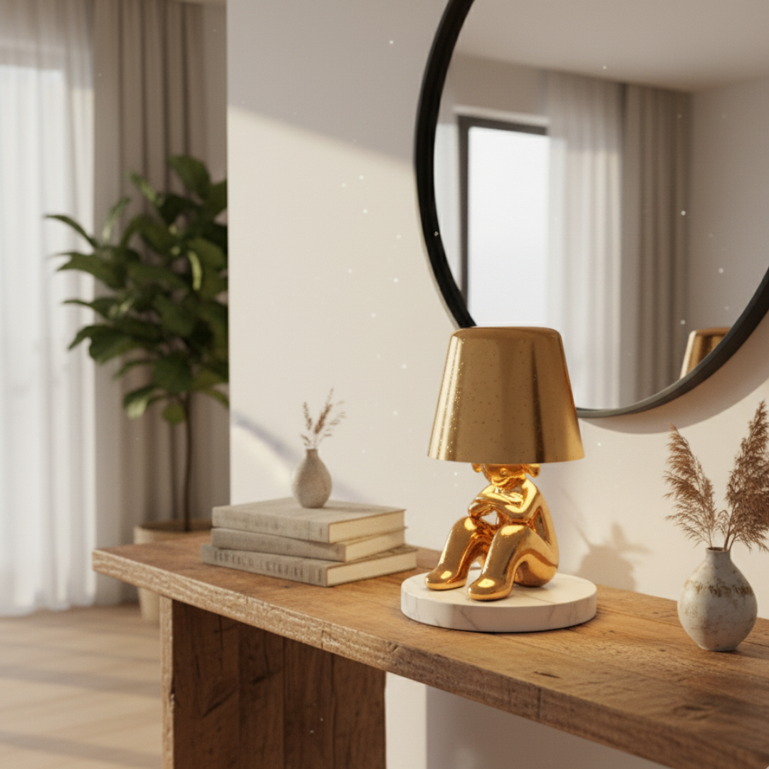Thinker Brothers Cordless LED Lamp – Sculptural Gold & Chrome Character Art Light