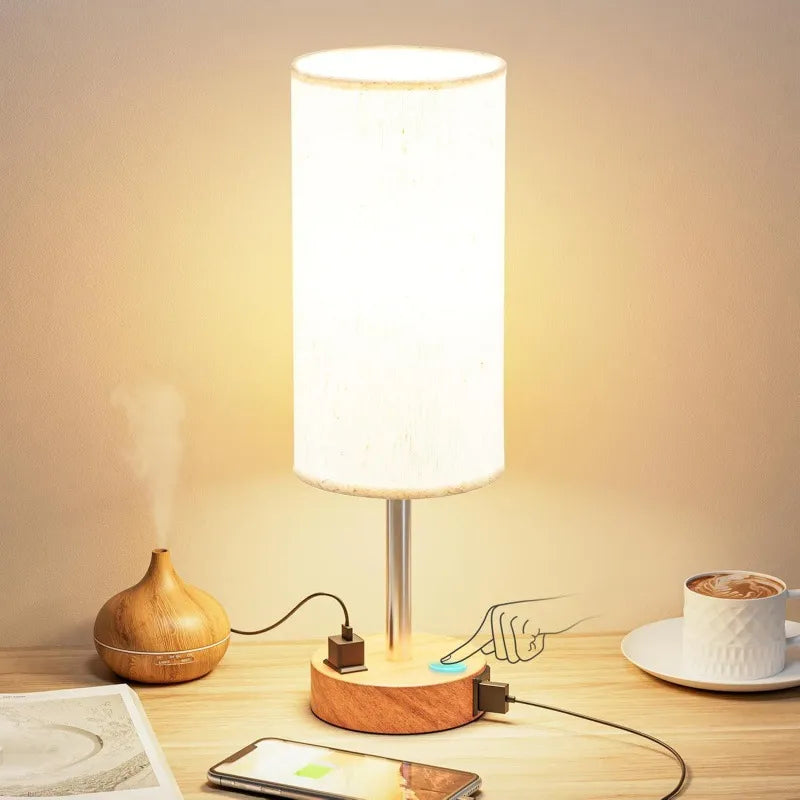 Dimmable bedside lamp with USB port illuminating warm ambient light