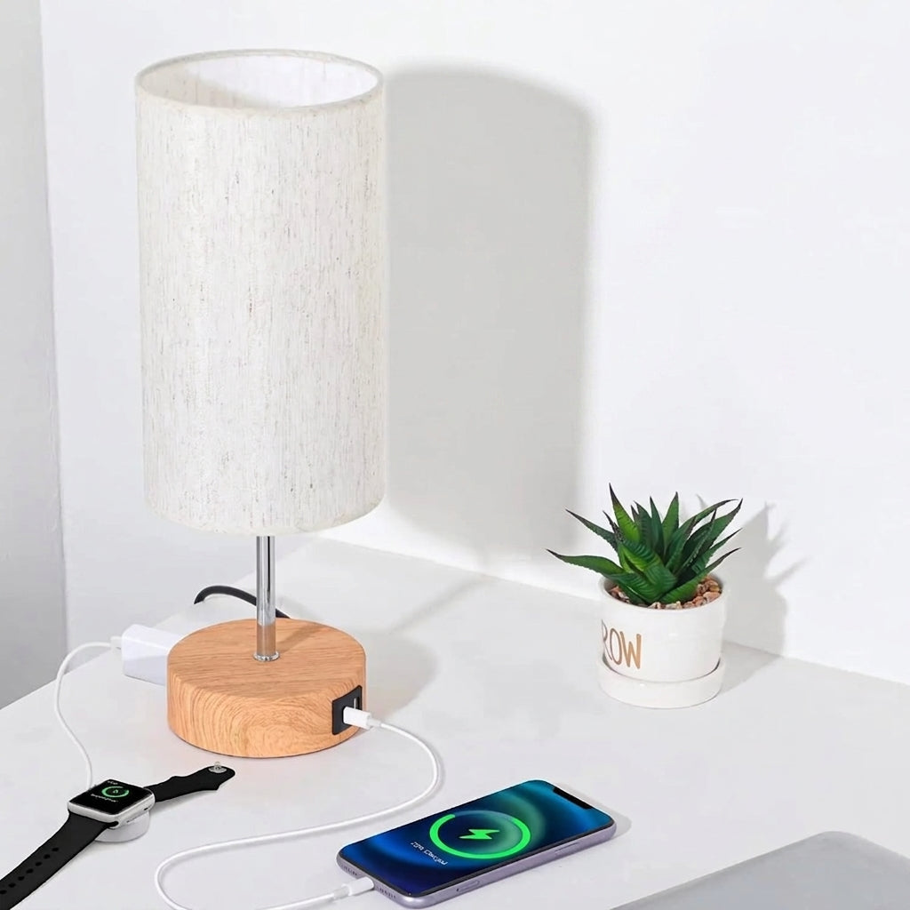 Wooden base touch lamp charging smartwatch and phone on desk