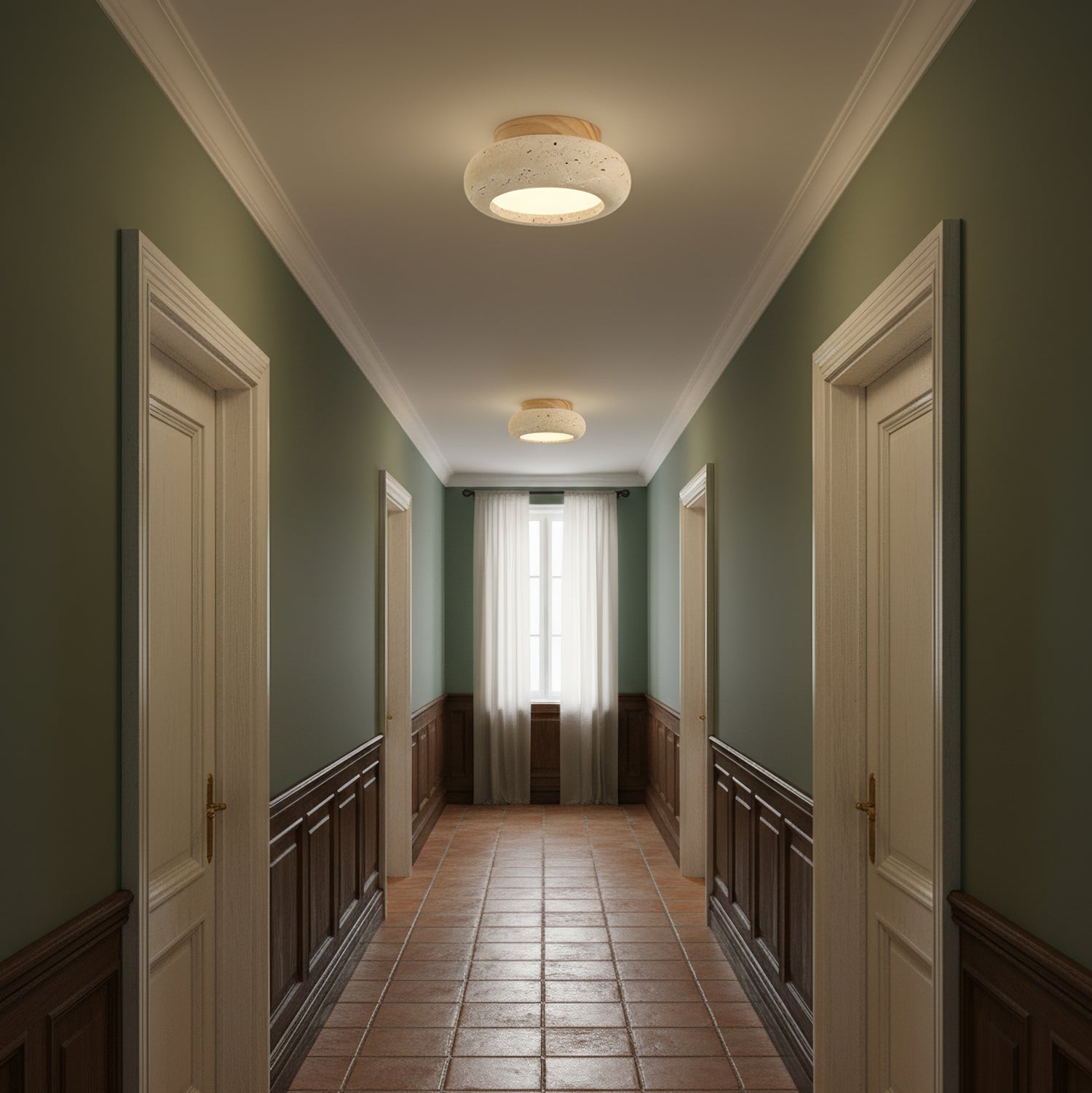Organic modern stone ceiling light installed in green hallway