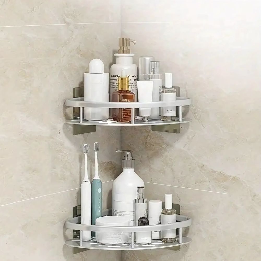 Silver two-tier wall-mounted shower caddy with circular frame and bracket hardware
