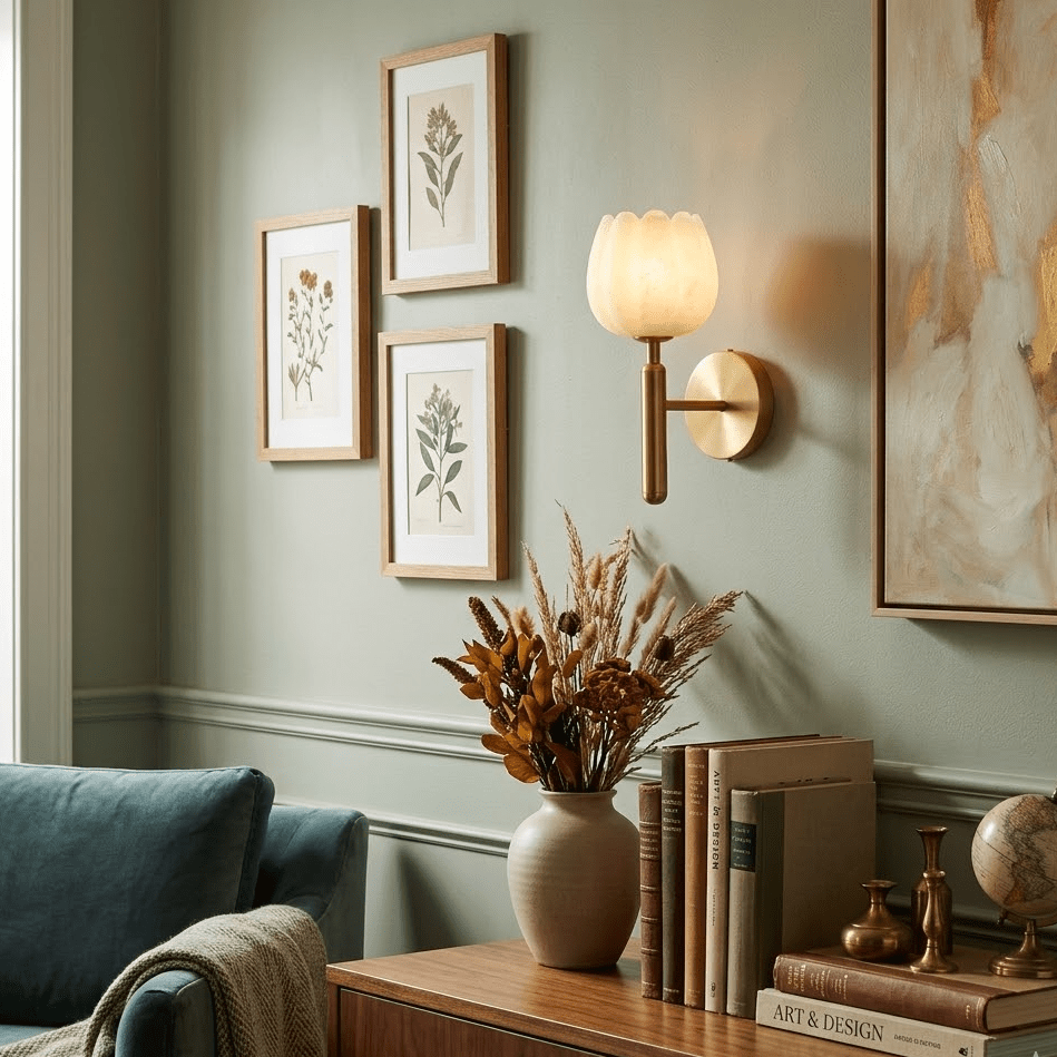 Brass mounted alabaster wall sconce on green wainscoted wall