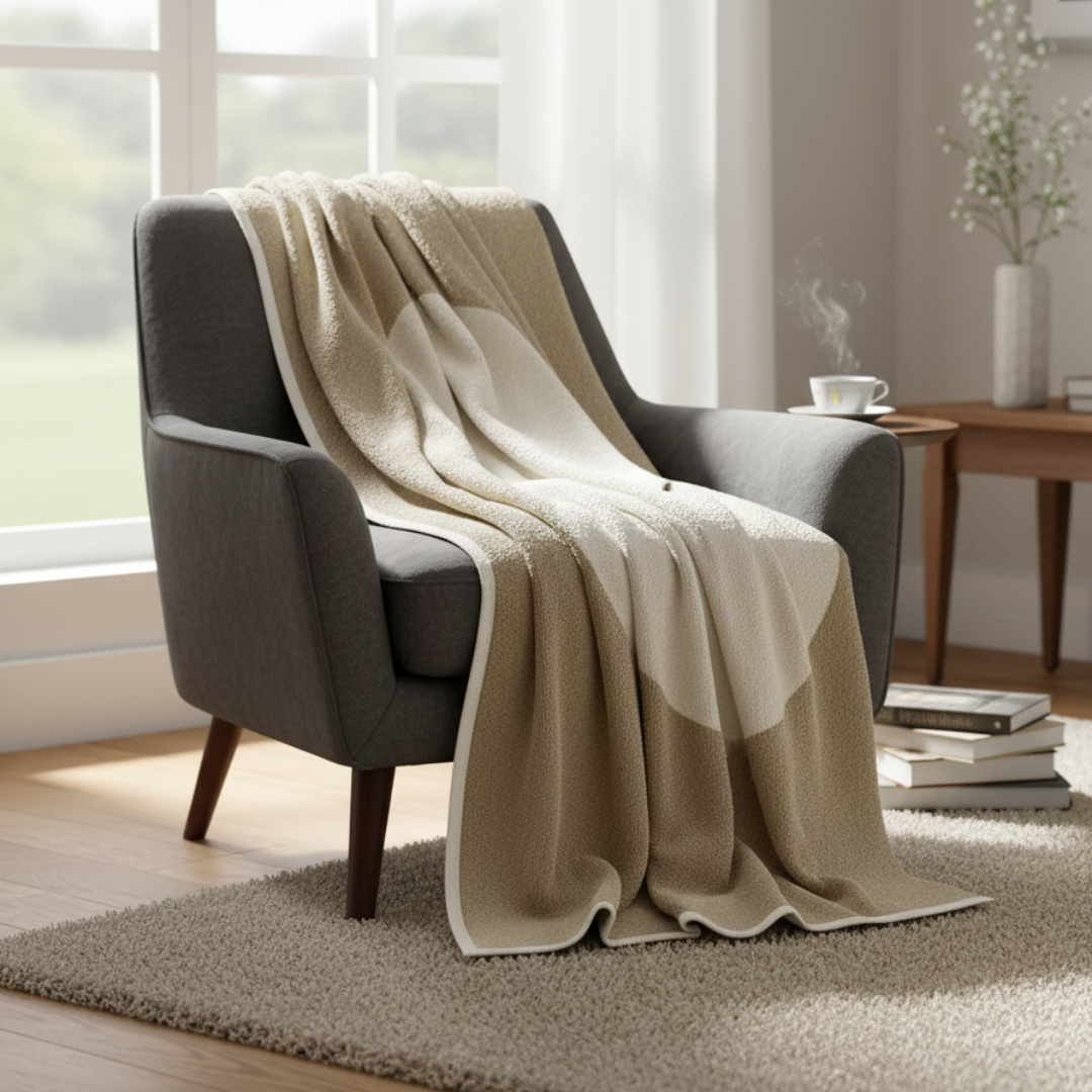 VERA Minimalist Circular Knit Blanket - Nougat & Cream Cotton-Wool Blend - Velvet-Soft Modern Throw by Pappelina