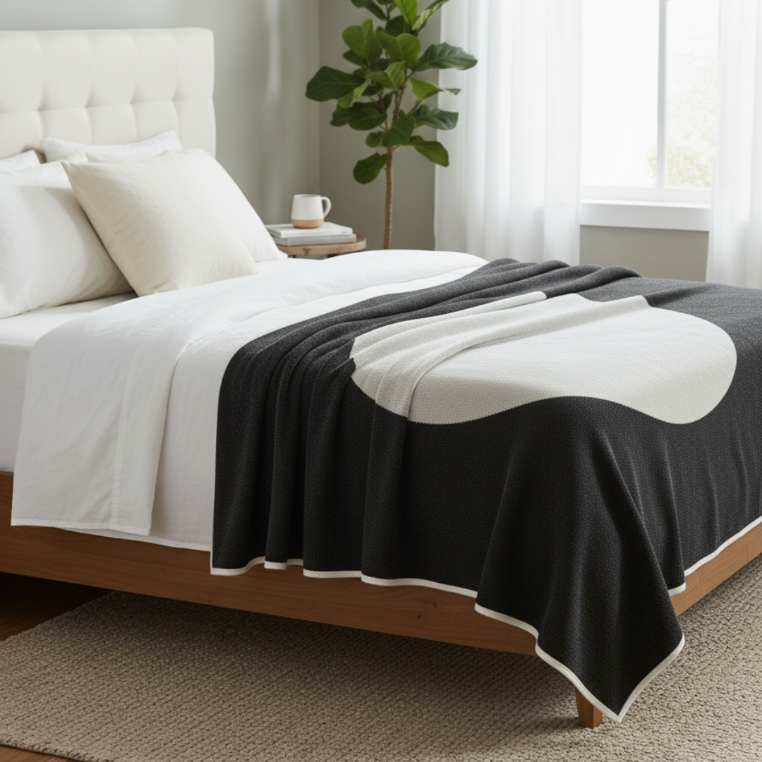 VERA Reversible Cotton-Wool Blanket – 90x180cm Black & White Circular Geometric Throw