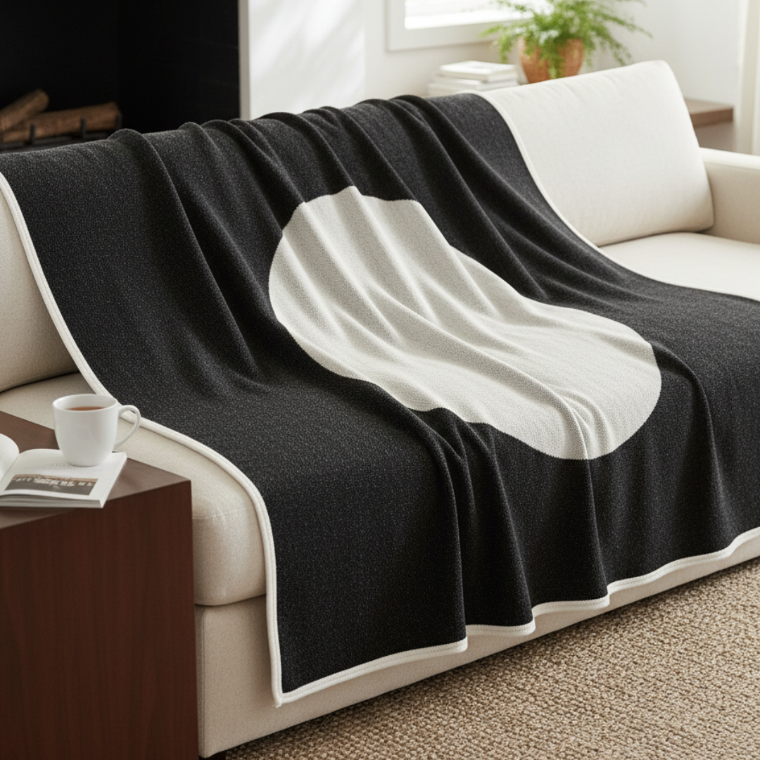 VERA Reversible Cotton-Wool Blanket – 90x180cm Black & White Circular Geometric Throw