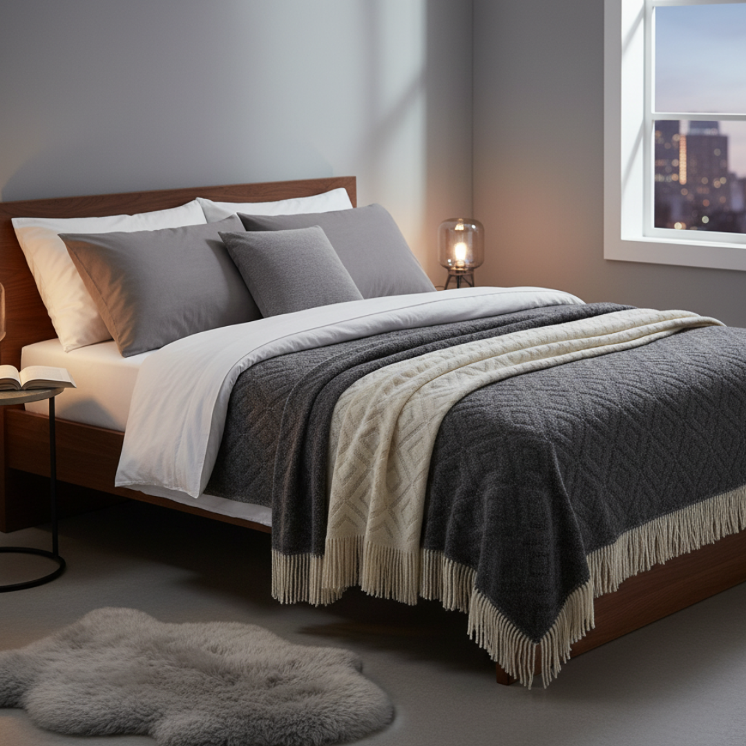 Vallon Open Weave Knit Throw Blanket - Breathable Geometric Diamond Pattern with Tassels - Lightweight Bed & Sofa Cover