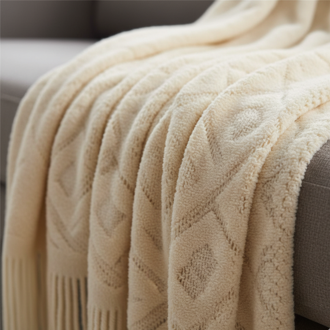 Vallon Open Weave Knit Throw Blanket - Breathable Geometric Diamond Pattern with Tassels - Lightweight Bed & Sofa Cover