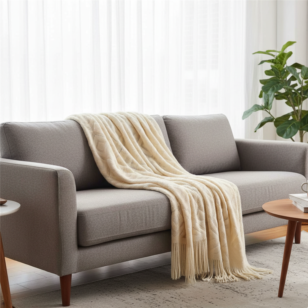 Vallon Open Weave Knit Throw Blanket - Breathable Geometric Diamond Pattern with Tassels - Lightweight Bed & Sofa Cover