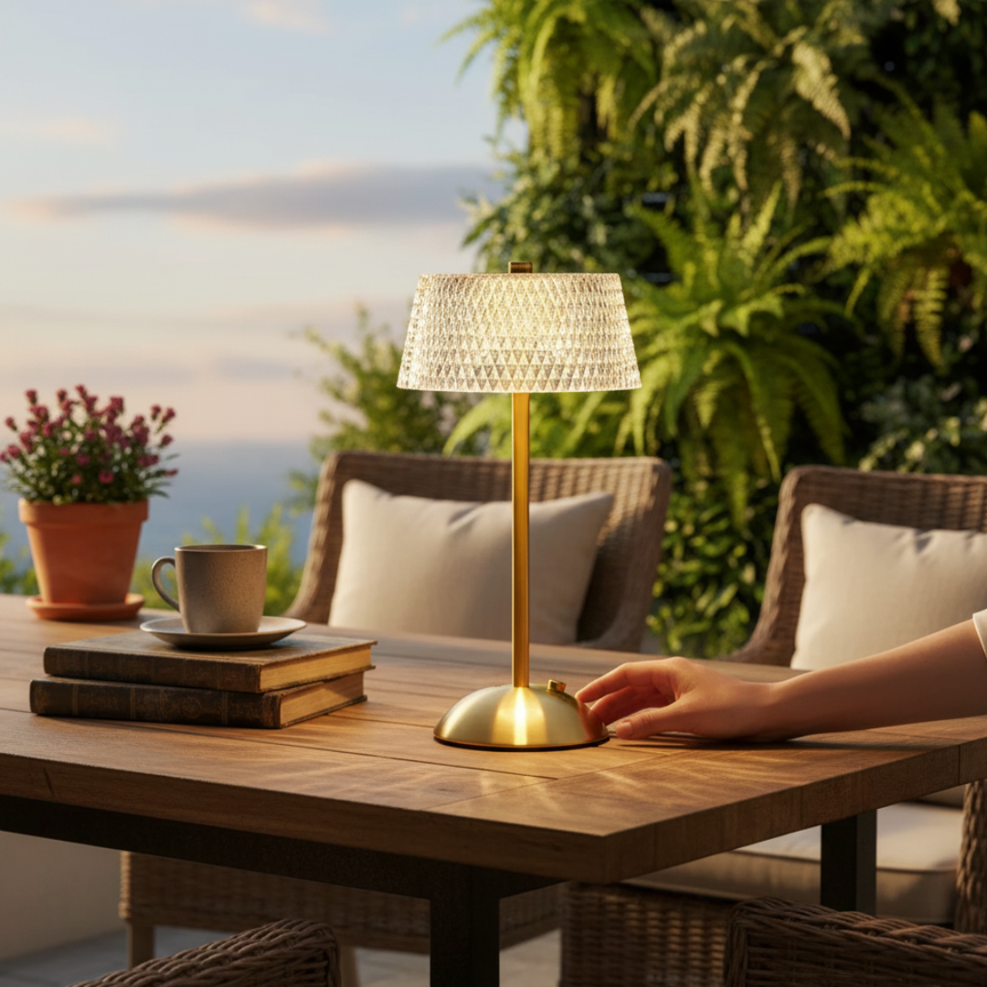 Verona Crystal Glow Cordless Lamp – 3-Tone Dimmable Art Deco Acrylic & Gold Light