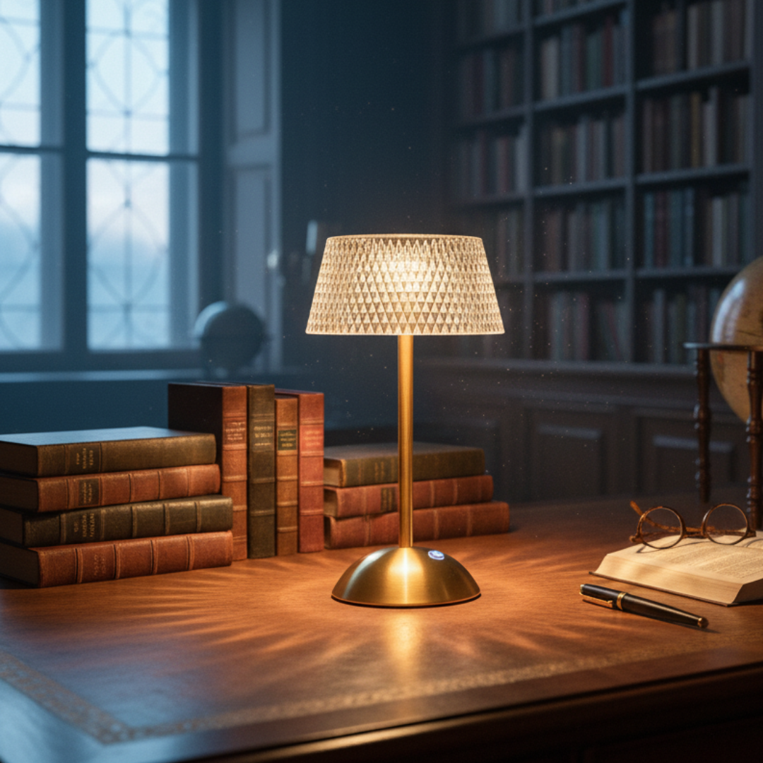 Verona Crystal Glow Cordless Lamp – 3-Tone Dimmable Art Deco Acrylic & Gold Light