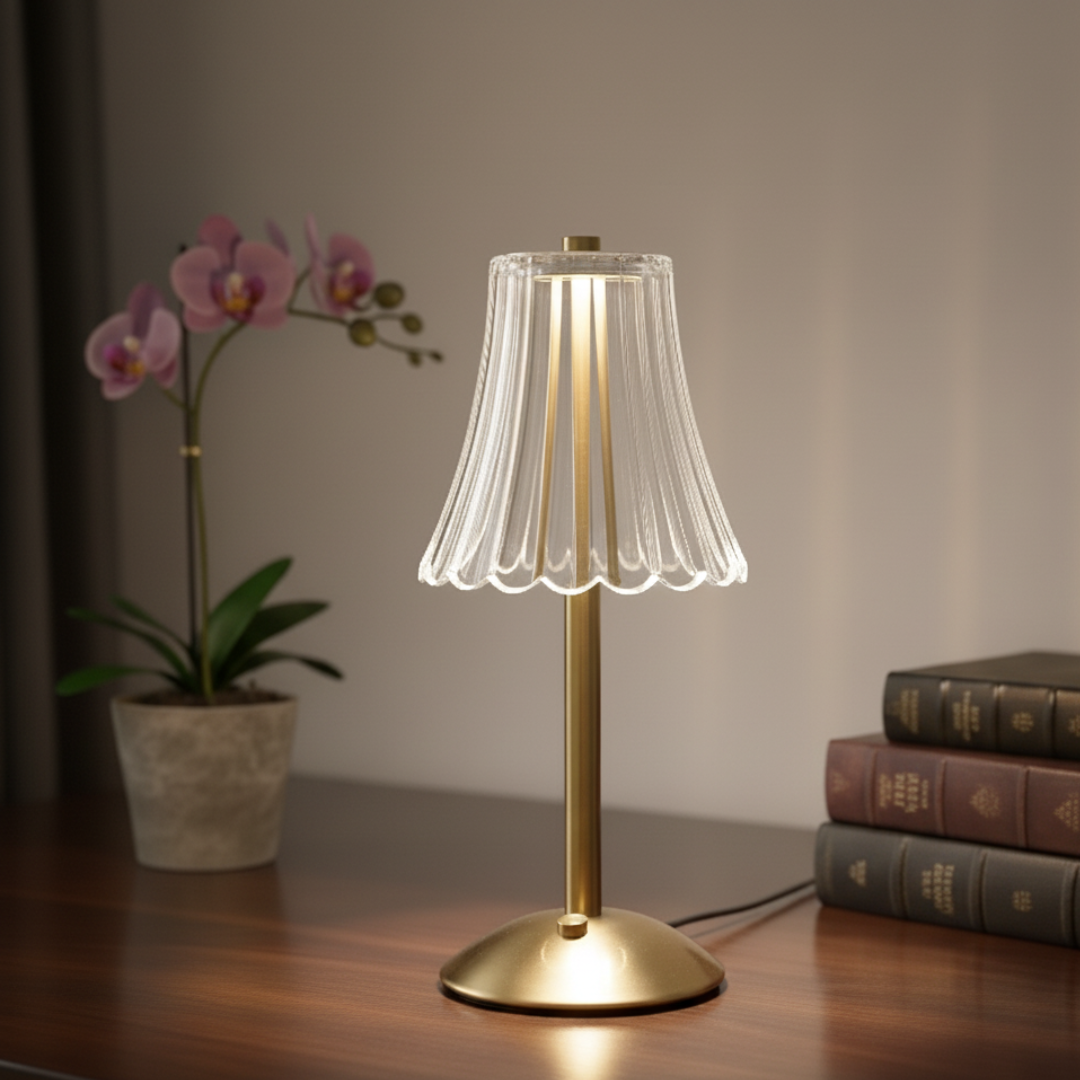 Vienna Cordless Crystal Lamp – 3-Tone Dimmable Fluted Neoclassical Gold Light