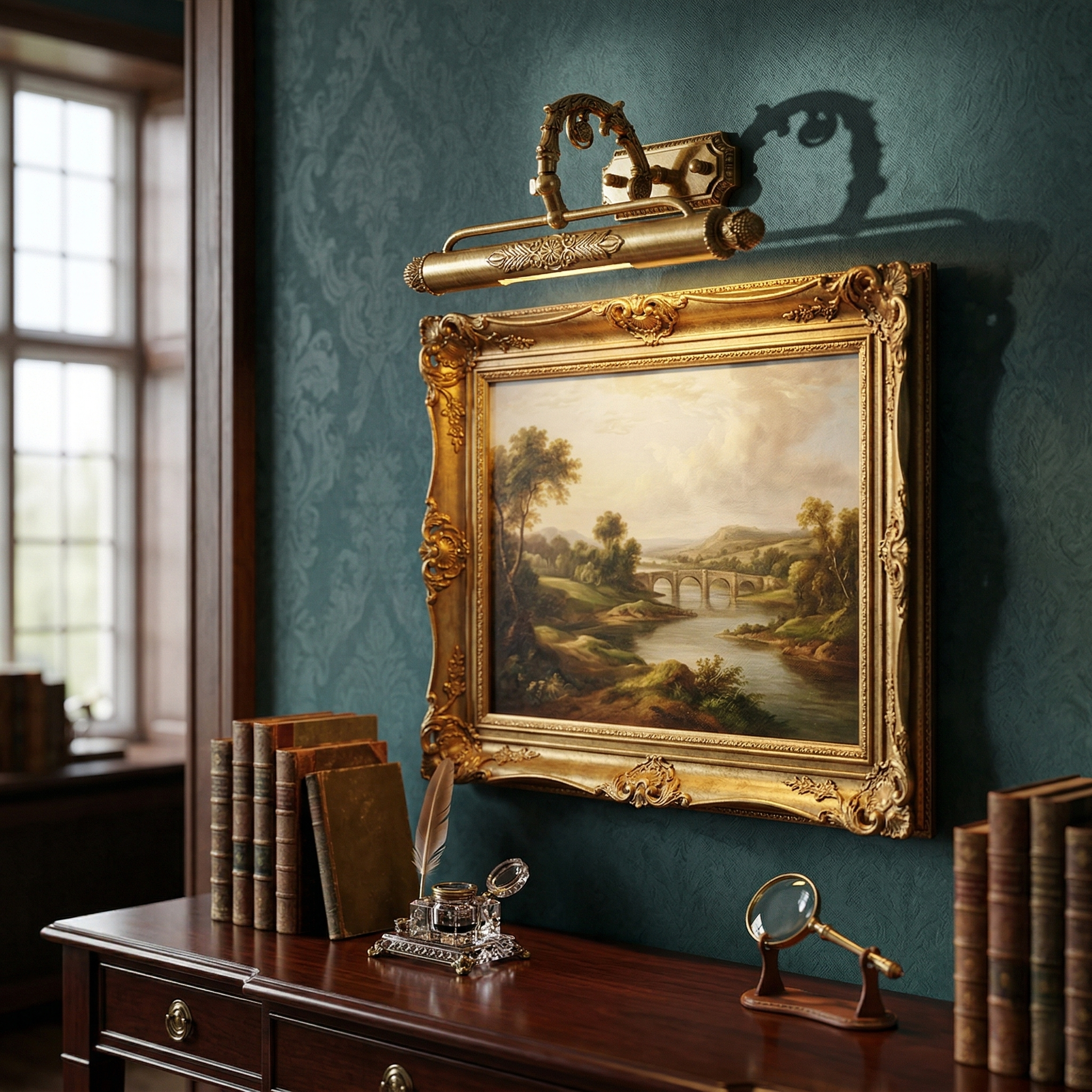 Traditional brass picture frame lamp highlighting landscape painting in study