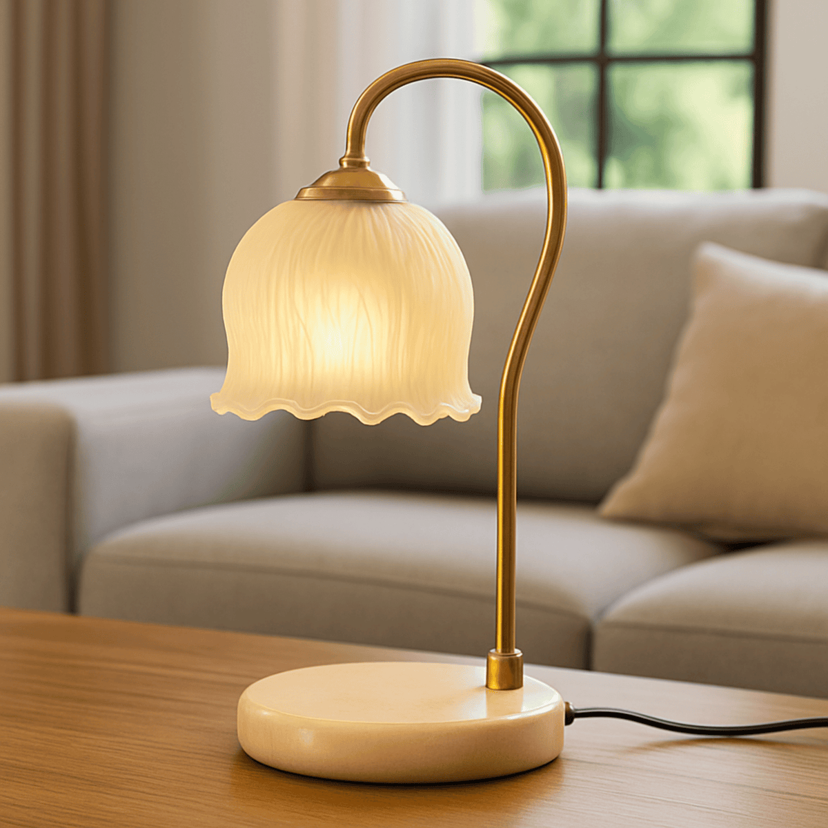 Curved brass stem candle warmer lamp in living room setting