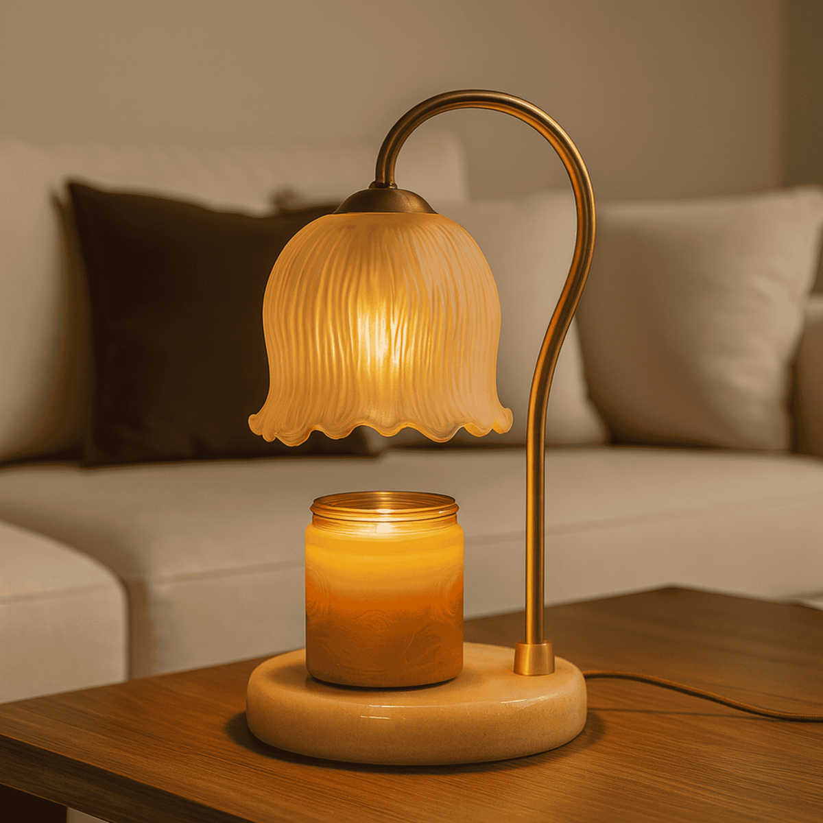 Flame-free wax melter casting warm ambient light beside sofa