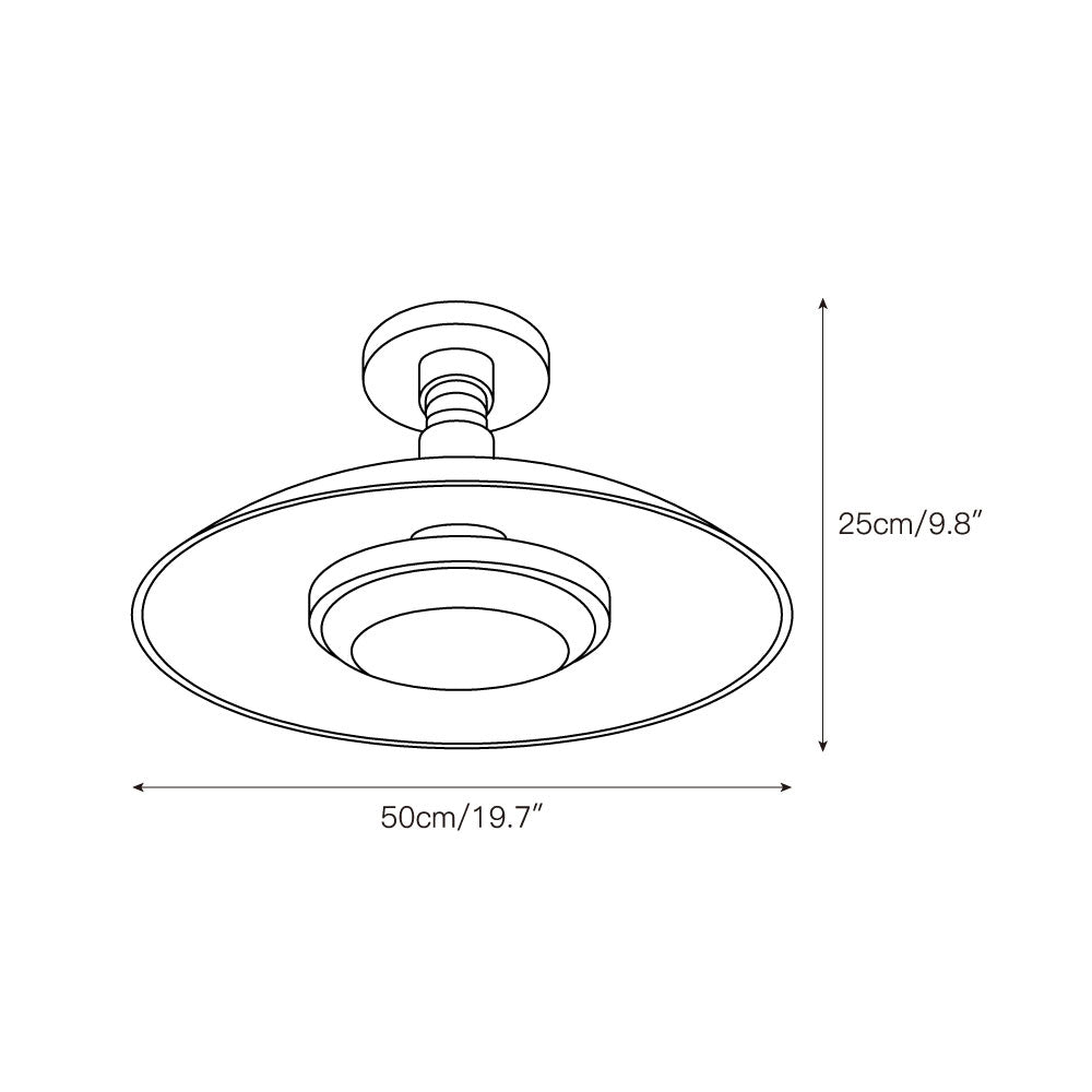 Technical diagram showing dimensions for 19.7 inch vintage gold saucer ceiling light