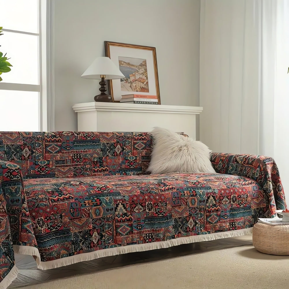 Vintage Bohemian Sofa Cover – Geometric Floral Design with Elegant Tassel Trim 1