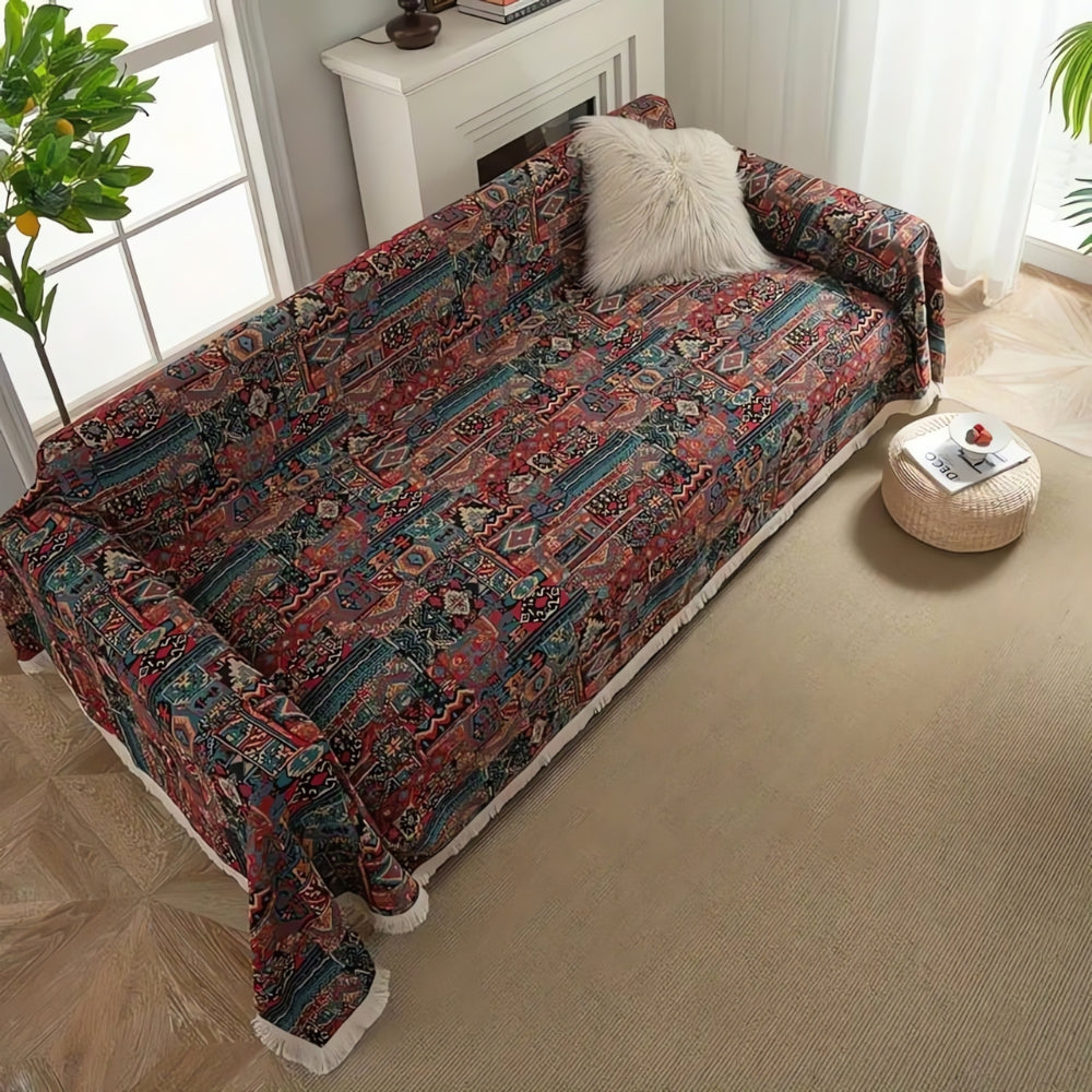 Vintage Bohemian Sofa Cover – Geometric Floral Design with Elegant Tassel Trim 2