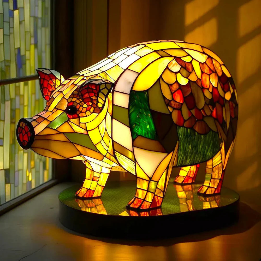Pig stained glass table lamp with scale-like geometric patterns