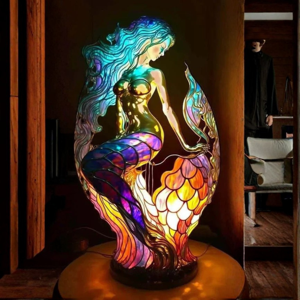 Mermaid stained glass table lamp with flowing teal hair and tail
