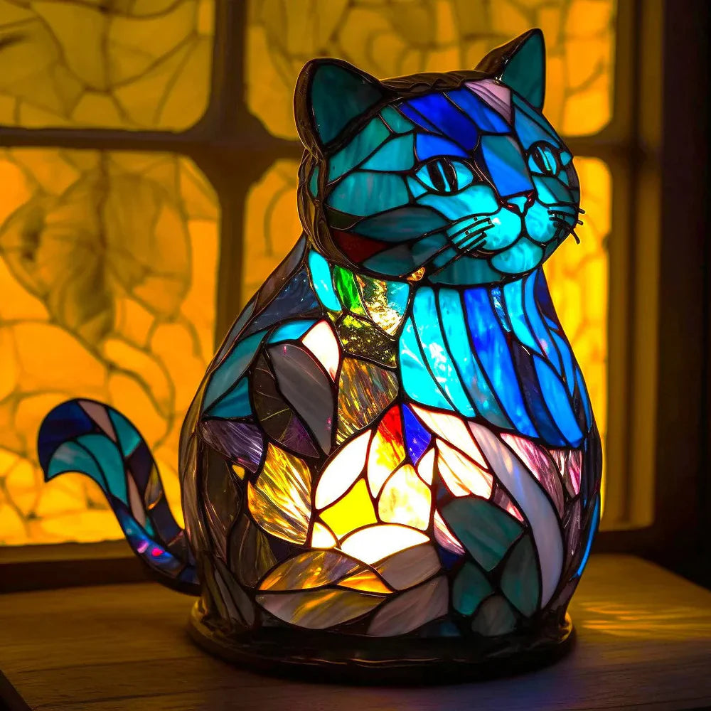 Sitting cat stained glass table lamp with teal face and curled tail