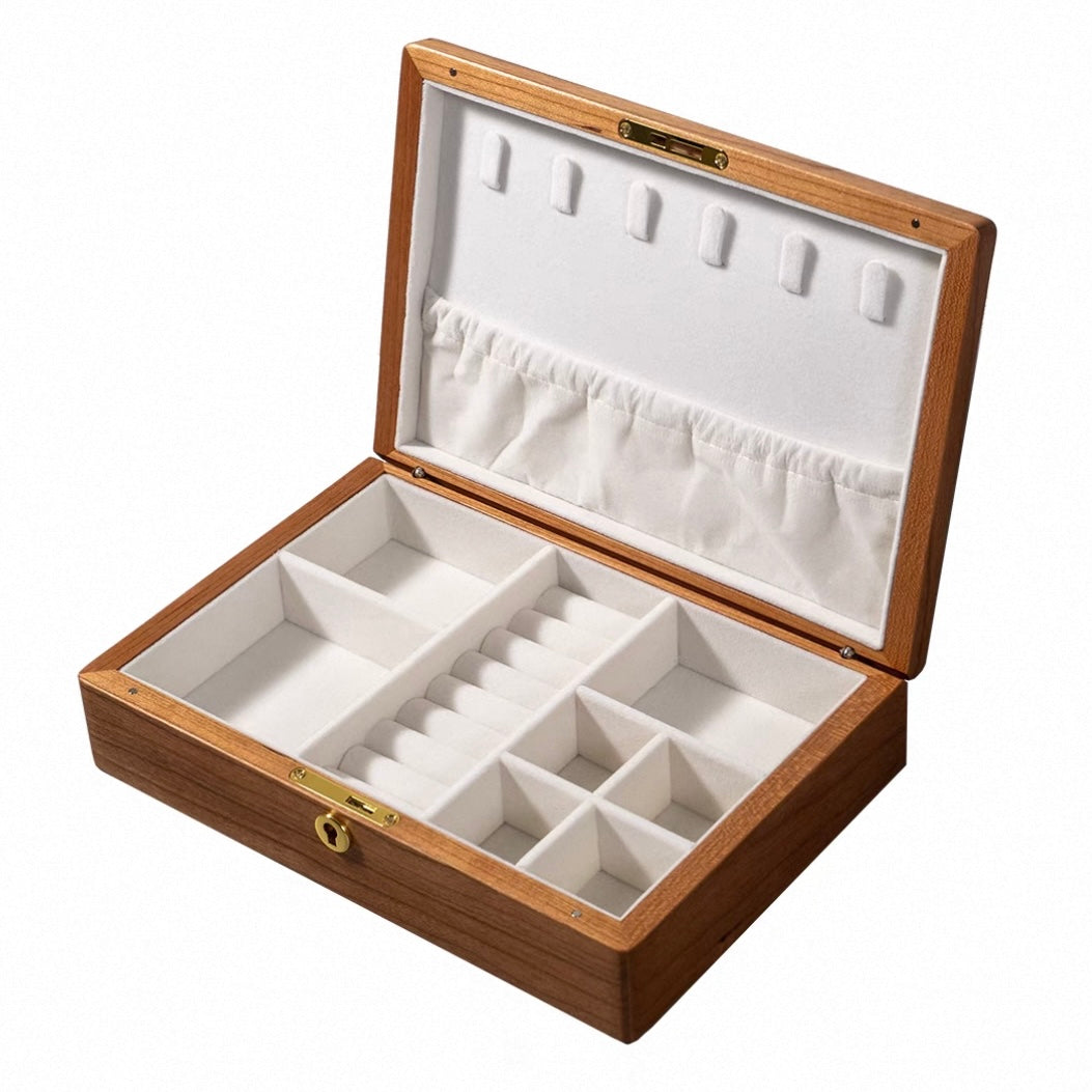 Walnut wood jewelry organizer with earring pegs and fabric pockets