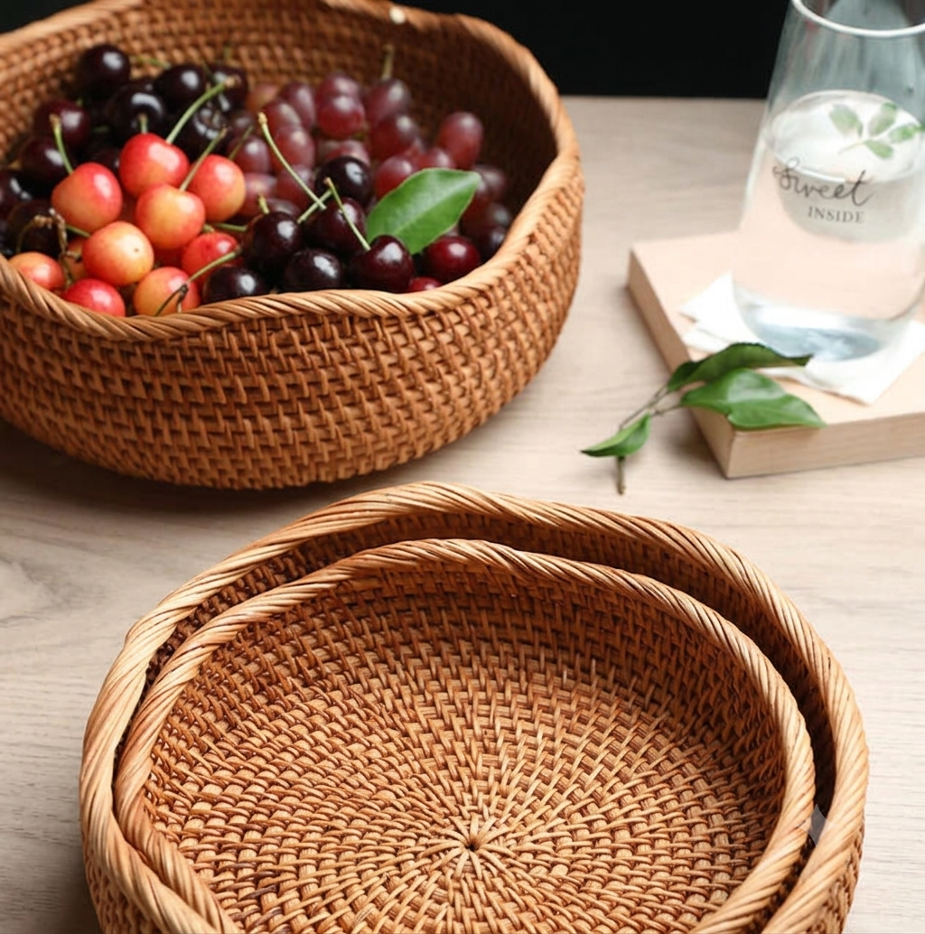 Wavy rim rattan bread basket filled with cherries and grapes