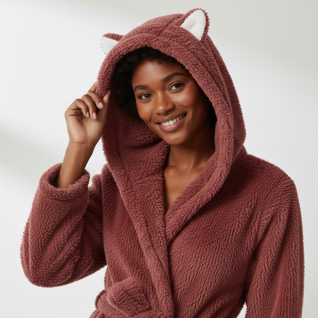 Women’s Hooded Jacquard Bathrobe Long Plush Spa Robe with Animal Ears