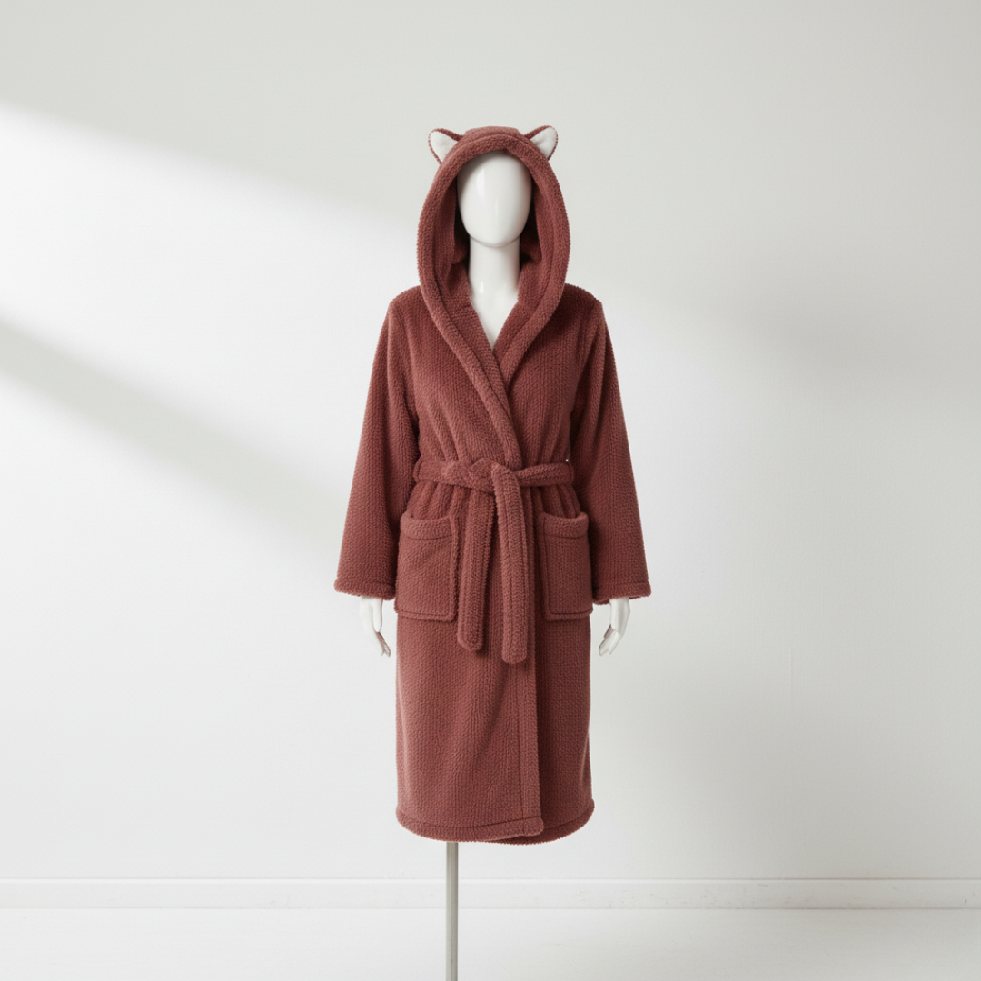 Women’s Hooded Jacquard Bathrobe Long Plush Spa Robe with Animal Ears