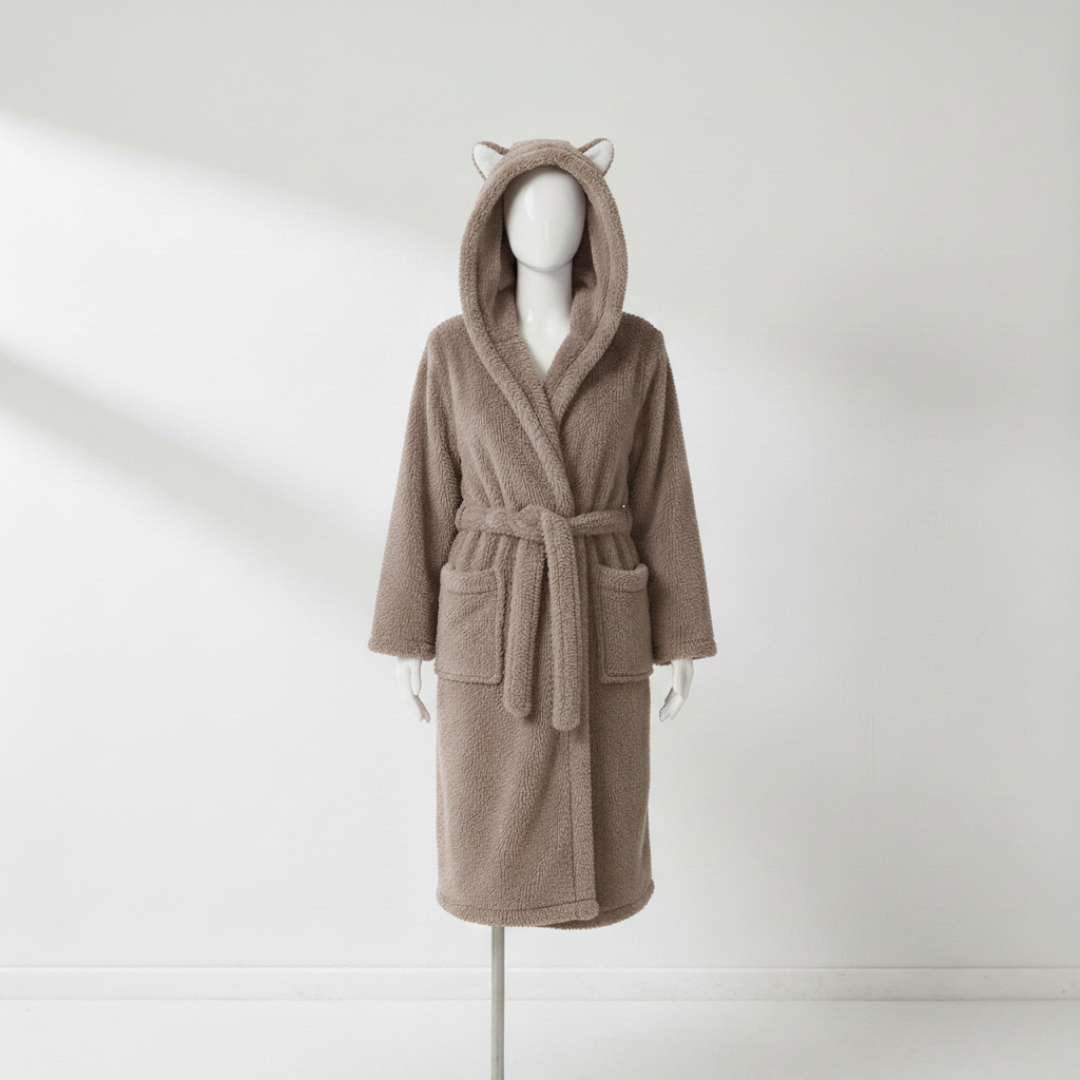 Women’s Hooded Jacquard Bathrobe Long Plush Spa Robe with Animal Ears